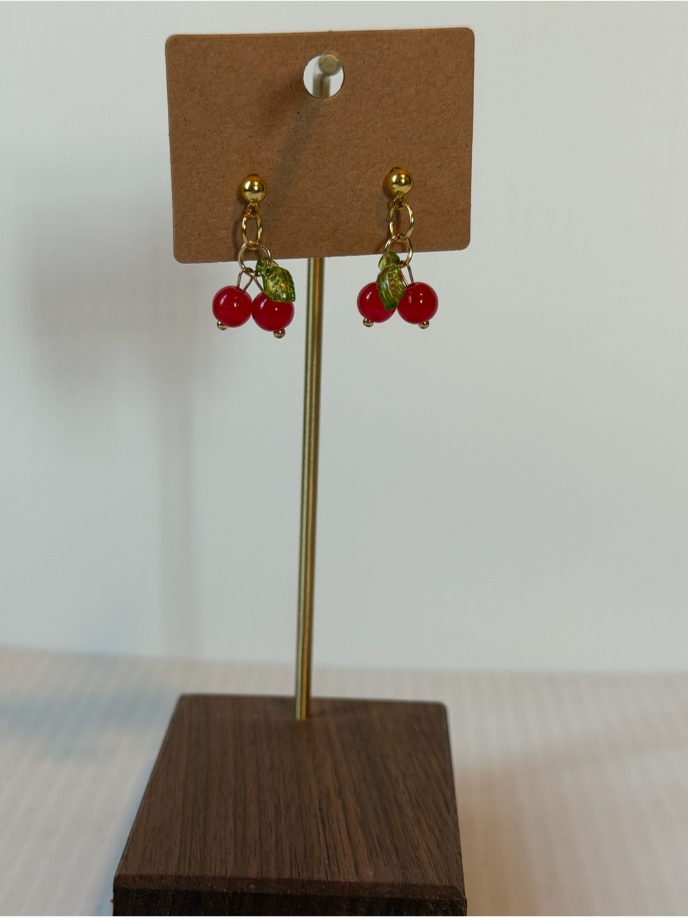 Gold Cherry Drop Earrings - Red & Green